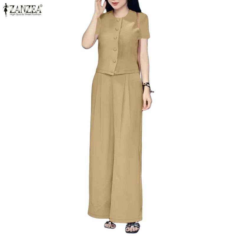 ZANZEA Damskie bluzki z krótkim rękawem i spodnie, casualowe dwuczęściowe zestawy garniturowe