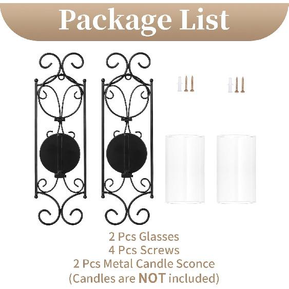 Sziqiqi Candle Sconces Wall Decor - Set of 2 Black Candle Holders for Pillar Contemporary Wall Decorations Sconce Decorative Metal Wall Art for