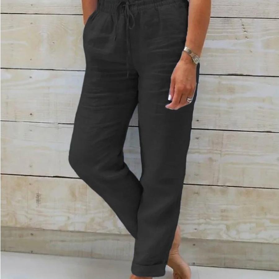 New Style Women's High Waist Elastic Waist Solid Cotton Linen Casual Pants