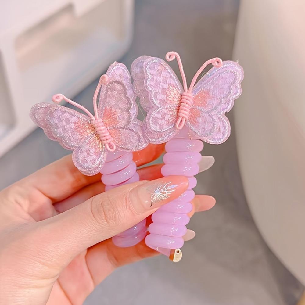 4/2 Pcs/set Mixed Colour Butterfly Telephone Wire Hair Rope,Girl's Elastic Hair Accessories Spiral Hair Rope Set Cute and Sweet