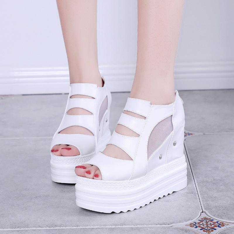12cm Ultra High Heels Wedge Sandal for Women Fashion Summer Peep Toe Mesh Breathable Gothic Black White Platform Sandales Femmes