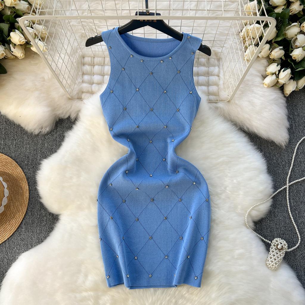 Light luxury diamond-encrusted diamond-knitted dress femininity round neck slim-fitting short elastic wrap skirt sleeveless vest skirt