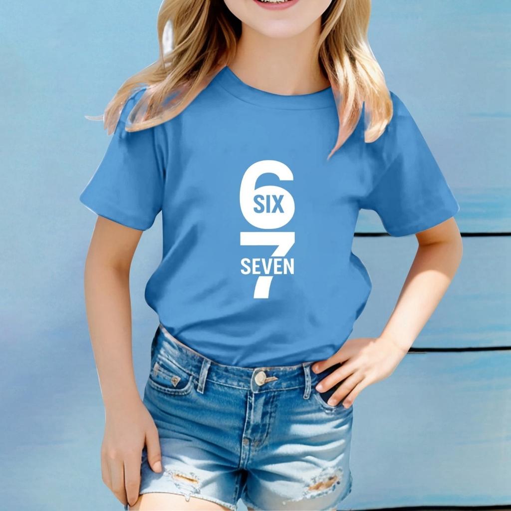 Children Funny Six Seven 67 Meme Print T-Shirt for Kids Humor Round Neck Tee Novelty Gift Girl Top Fashion Children's Clothing