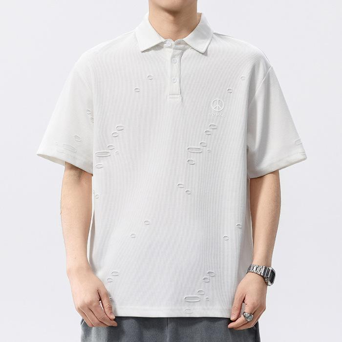 

New POLO Shirt Men s Ripped Cut Fabric Texture Innovative Casual and Versatile Short Sleeves M білий
