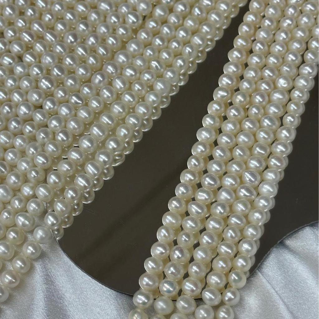 Natural Freshwater Pearl Necklace: 6-7mm White & Translucent Pink Luster, Near Round Potato Shape, Semi-Finished.
