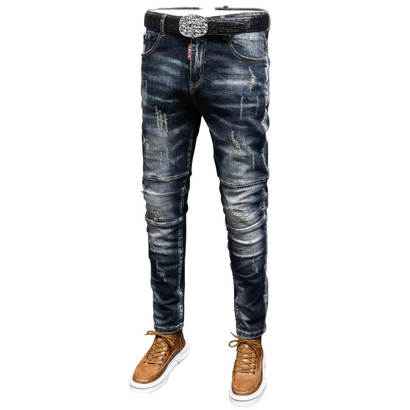 Men's Slim Fit Jeans - Vintage Washed Blue & Black with Embroidery, European & American Street Style