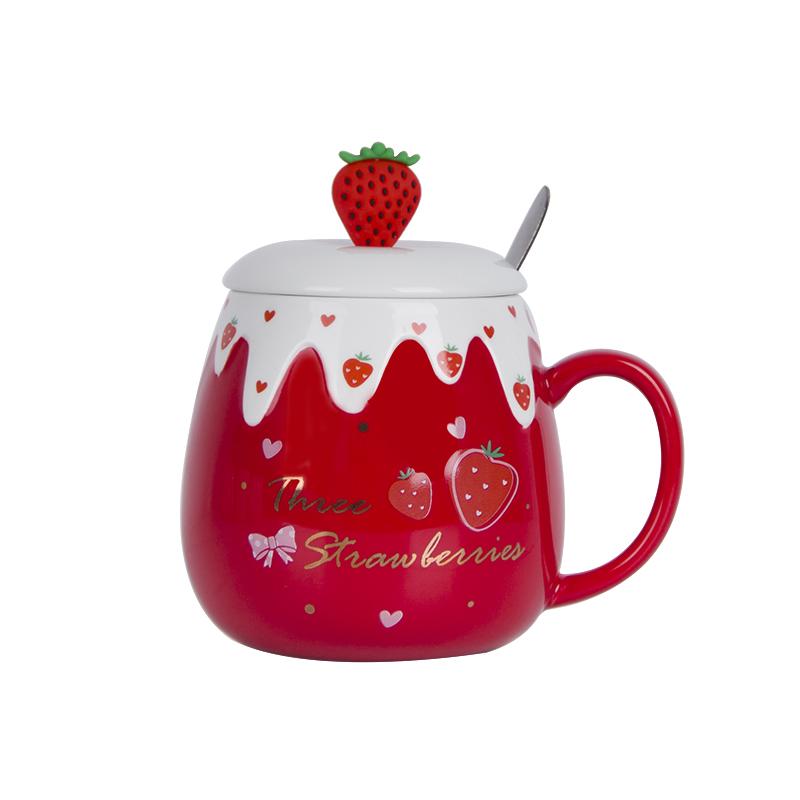 Cute Ceramic Cup Girl Heart with Lid and Spoon Mug Strawberry Large Capacity Creative Household Breakfast Coffee Cups