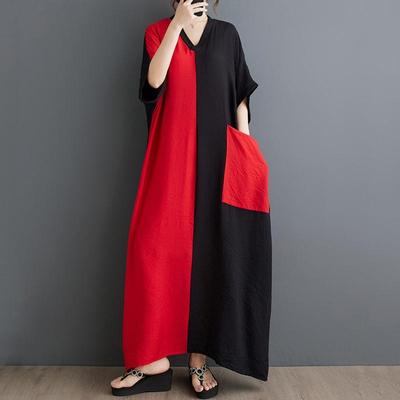 Krátký rukáv Extra velikost bavlna Saténový vintage patchwork novinka v šatech pro ženy ležérní volné Maxi dlouhé letní šaty