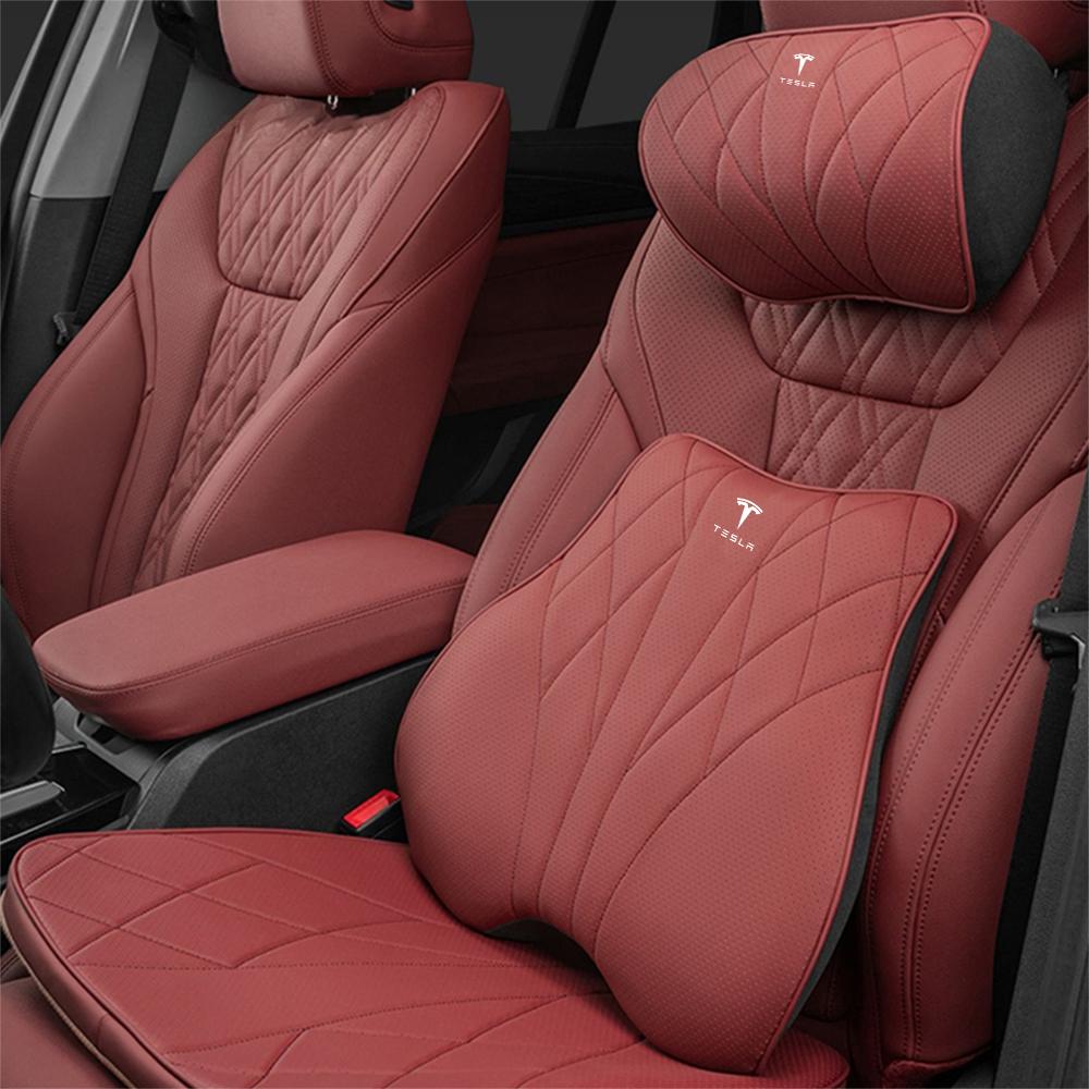 Car Leather Seat Headrest Lumbar Back Support Cushion Neck Pillow For Tesla Model 3 Model Y Model S X Cybertruck Roadster SpaceX