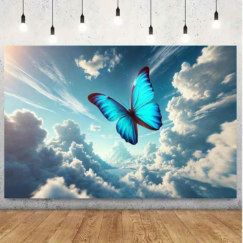 2D Flat Printing Blue Morpho Butterfly Backdrop Sky Cloud Party Background