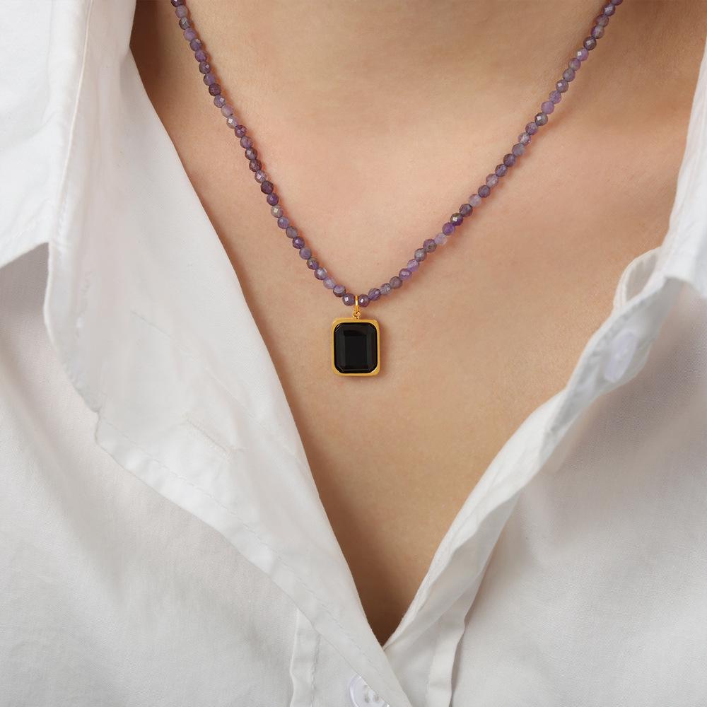 Amazonite Inlaid Crystal Square Pendant Necklace, Titanium Steel, Hong Kong Style, Exquisite Ornament