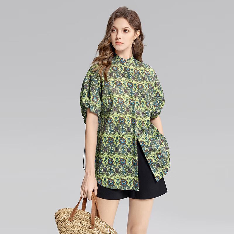 Women's Puff Sleeve Stand Collar Printed Shirt