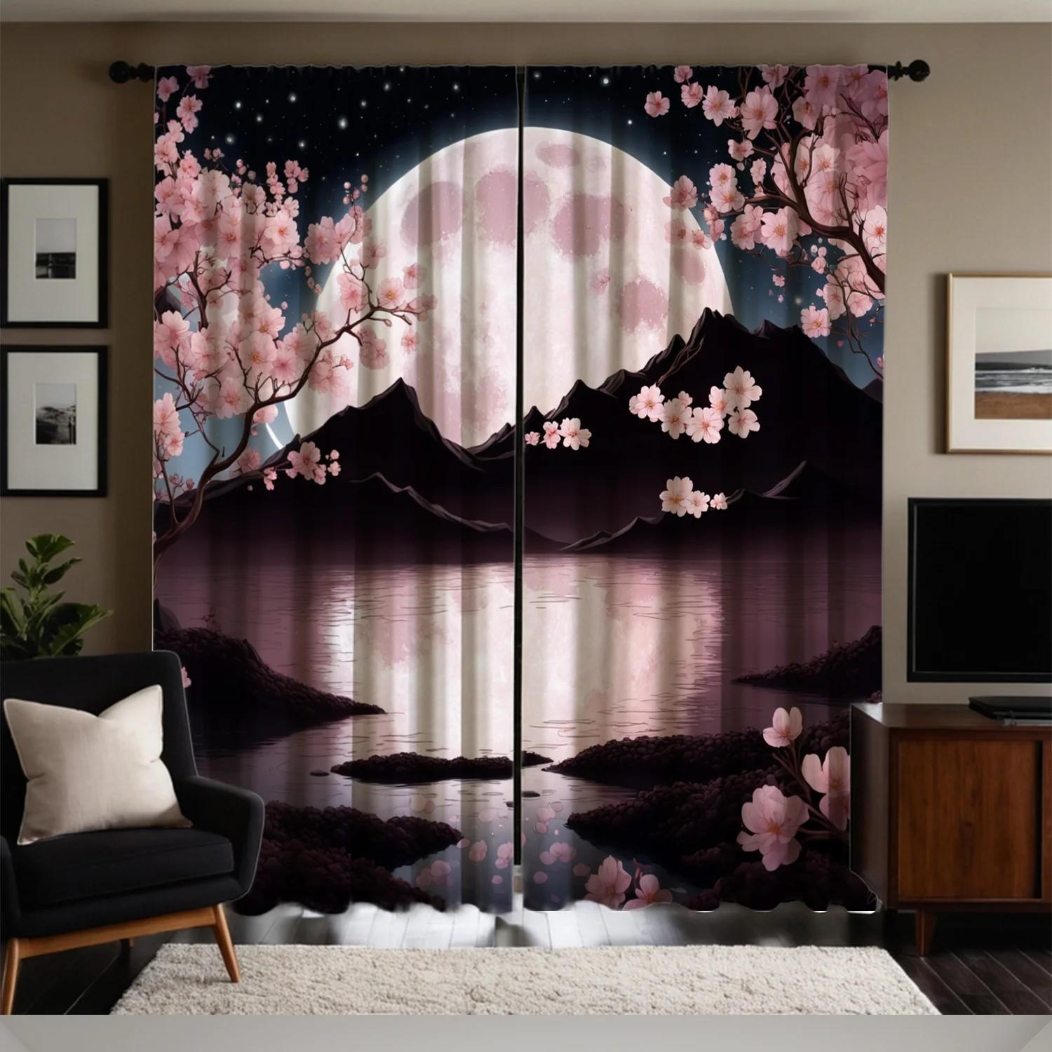 

Set Of 2 Floral Blossom Curtains Polyester Fabric Window Decor Home Curtain Made With Rod Pocket W100*H70(CM)-Grommet top&2PCS