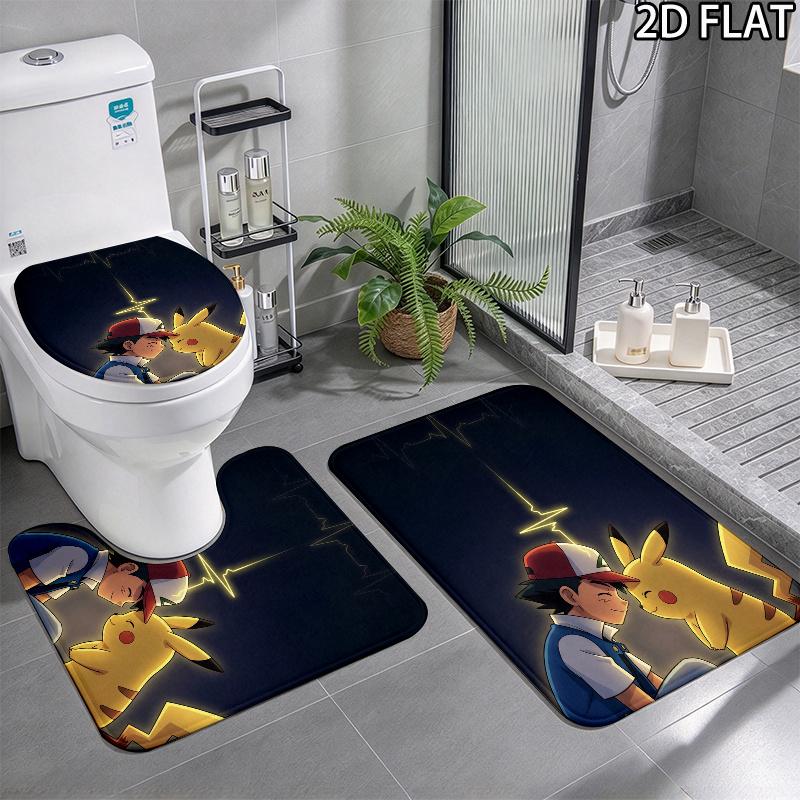 3pcs Ash Ketchum Pikachu Art Pattern Flannel Nonslip Absorbent Washable Decorative Bathroom Home Toilet Seat Cover Mat