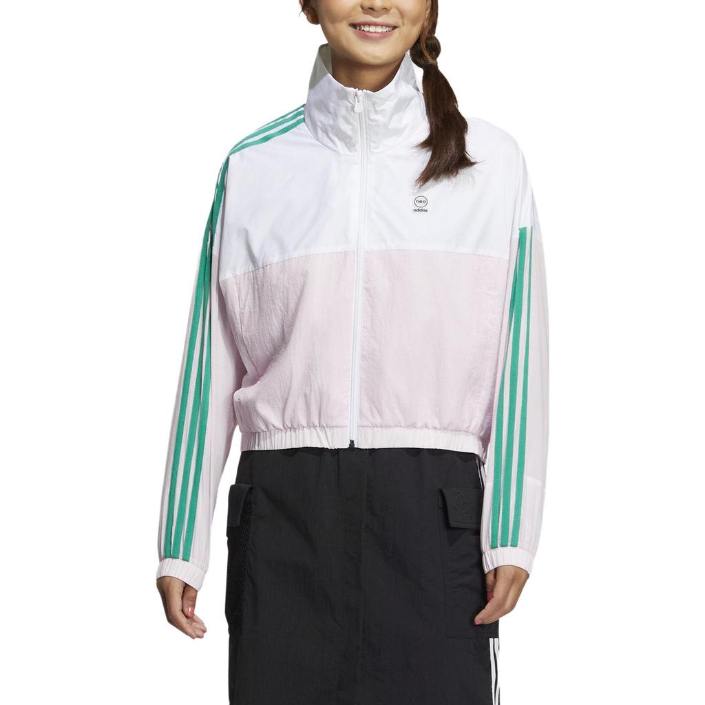 Adidas Neo Striped Color Block Zip Retro Sports Stand Collar Jacket Women Jacket White Pink HY2679