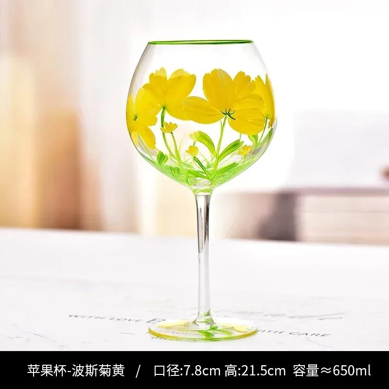 Hand Drawn Flower Patterned Crystal Glass Cup Festival Party Art High Feet Red Wine Cup Family Wine Glass Set Of Three Pieces
