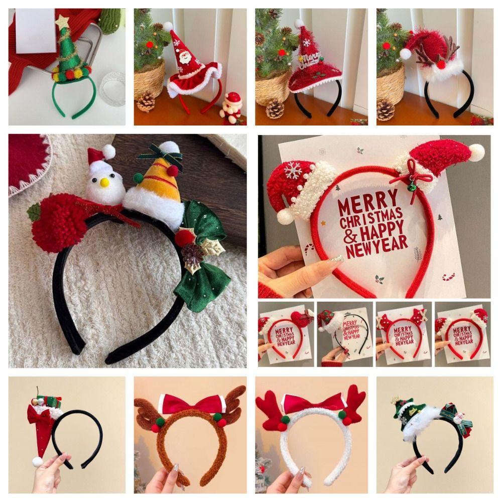 Shiny Sequin Christmas Headband Bright Red Forest Green Xmas Tree Headpiece Plush Decor Elastic Band Santa Hat Hairband