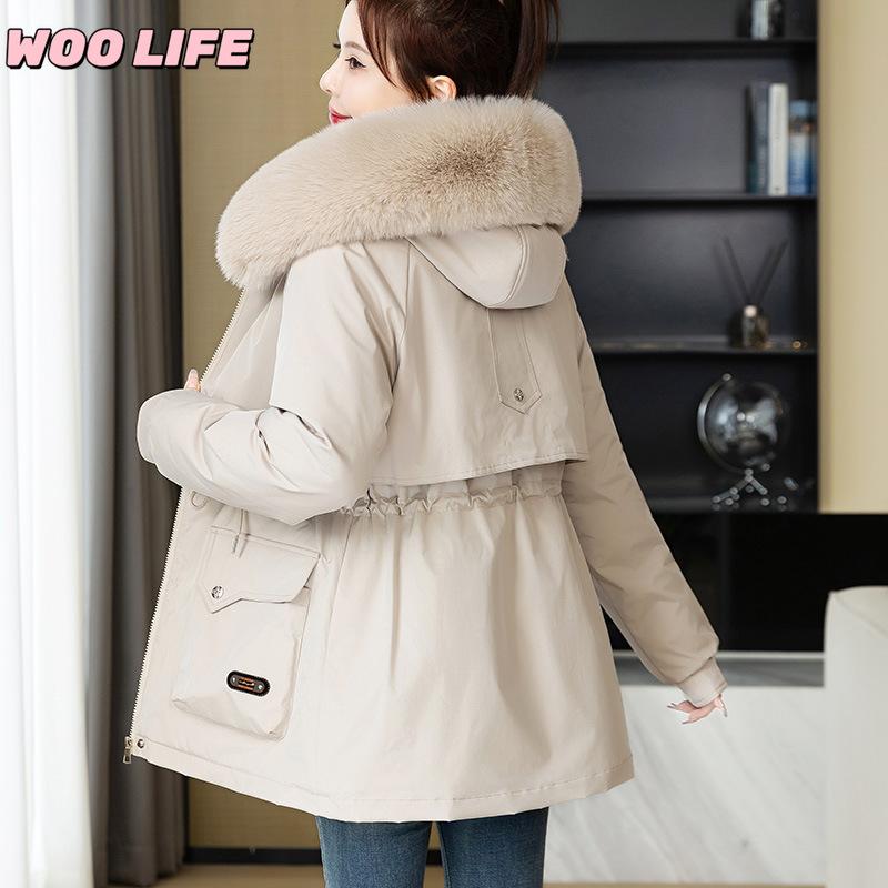 Parker Clothing Women's New Winter All-match Cotton Clothing Plus Velvet Hooded Jacket, Big Fur Collar, Warm Cotton Clothing, Women's Cold Protection