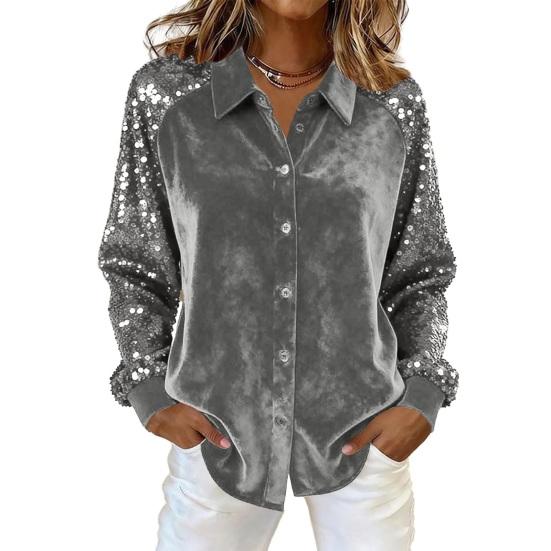 Damen Pailletten Samt Hemd Langarm Revers Bluse Lässig Glitzernd Knopfleiste Hemd für Party Date Bar Nachtclub