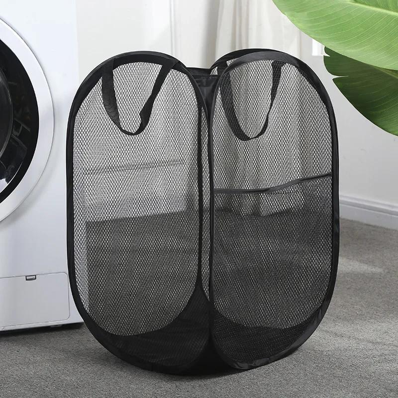 Folding Laundry Basket with Handle Clothes Toy Storage Basket Hollow Mesh Breathable Household Laundry Hamper Sundries Organizer