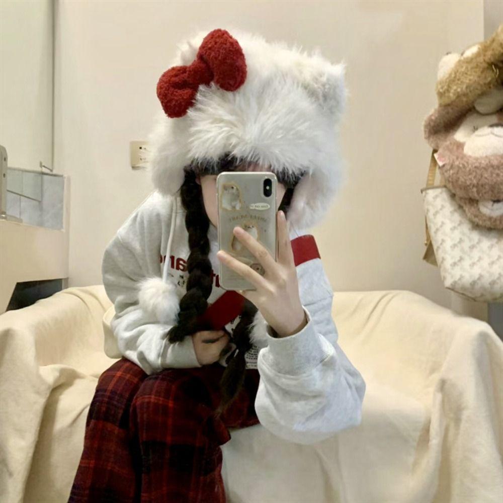 Korean Style Bow Beanie Hat Windproof Ear Protection Hat Fashion Plush Beanie Hat  Winter