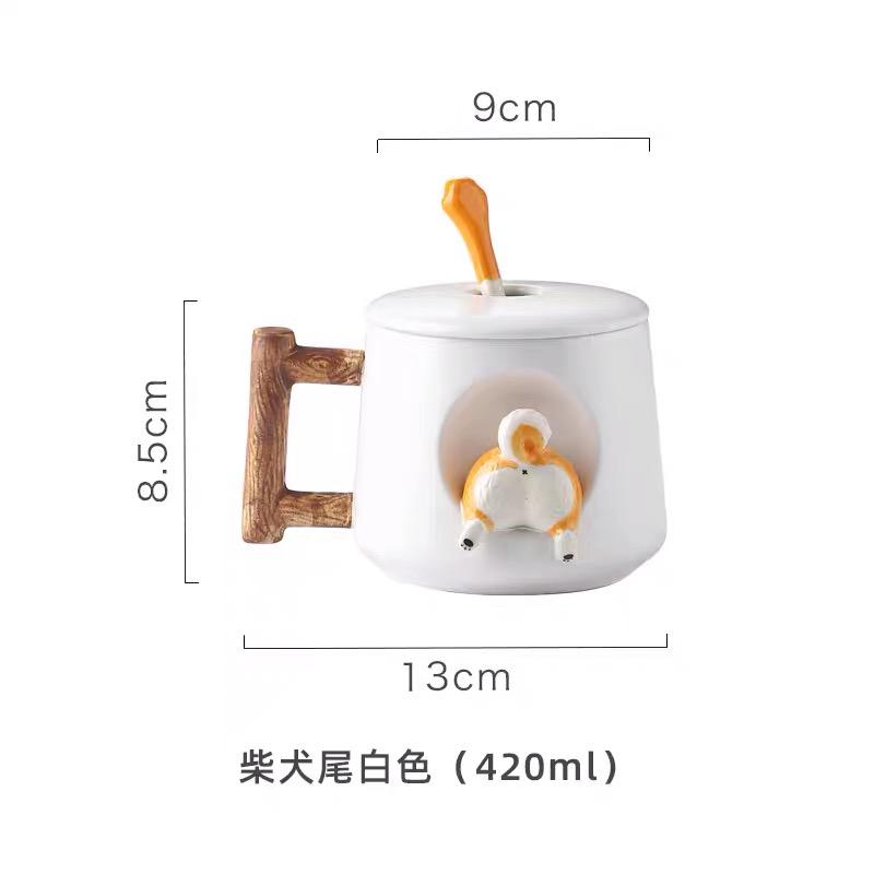 420ml Shiba Inu Pattern Ceramic Coffee Mug Cute 3D Design with Lid Spoon Cartoon Milk Tea Cup for Girls Creative Breakfast Gift