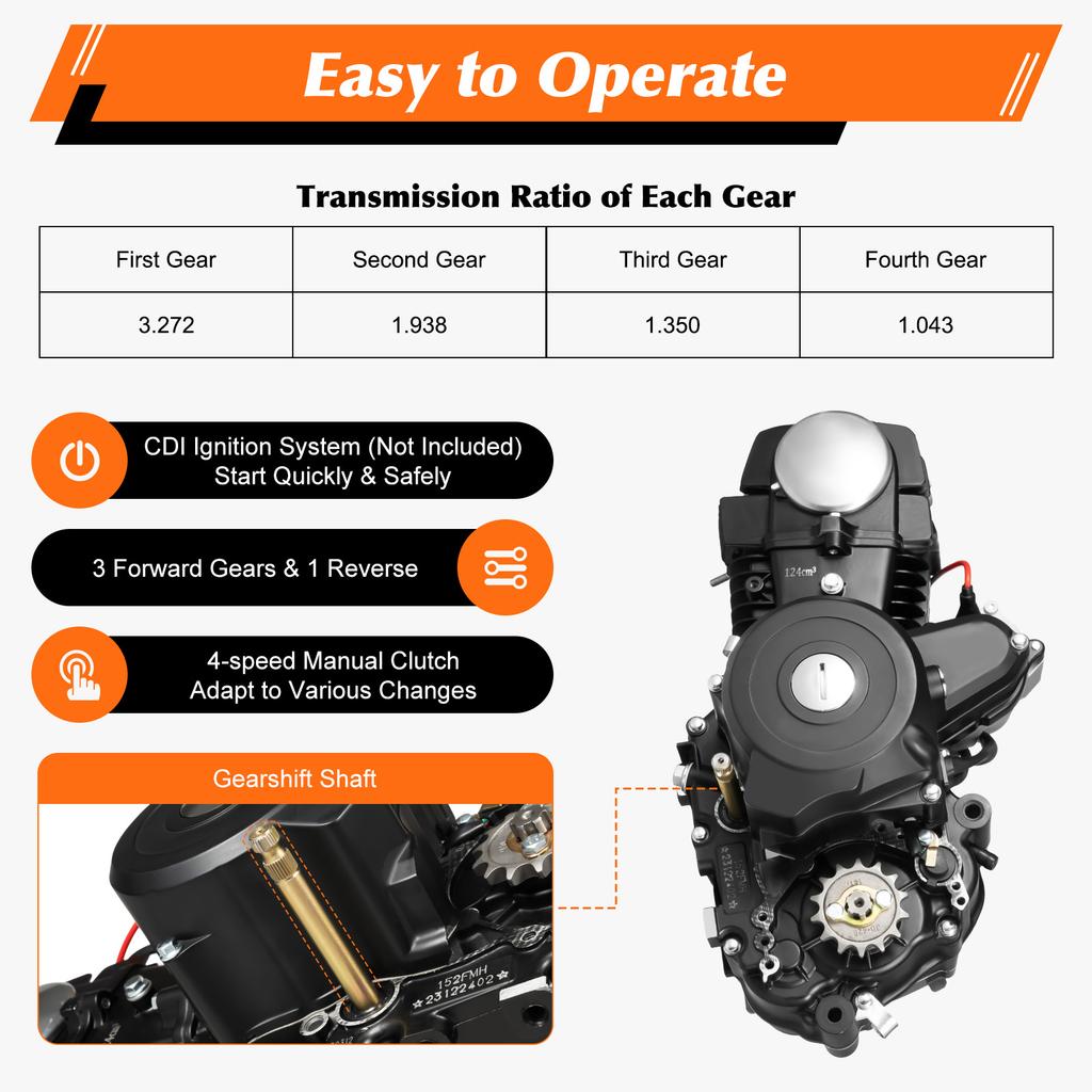 125CC 4-Stroke Engine Motor Complete Kit, 4 Speed Semi-Auto Transmission Motorcycle Engine ATV Motor with CDI Ignition