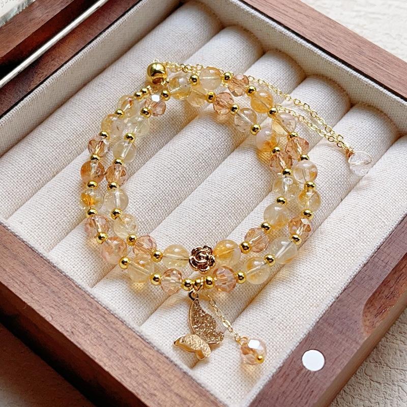 Natural citrine bracelet girls double yellow tower crystal butterfly tassel bracelet niche high-end jewelry
