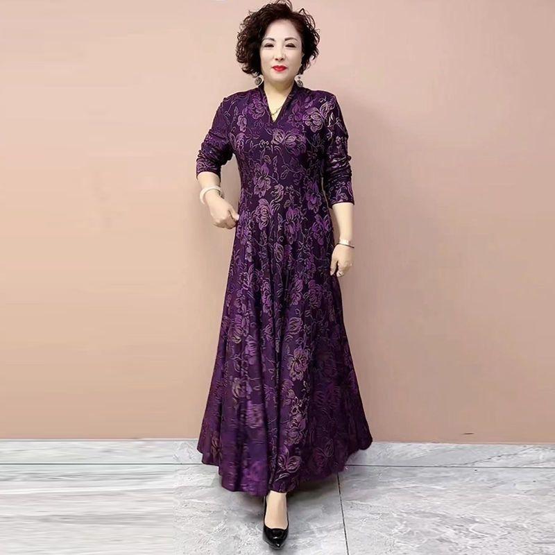 High-end Women's Plus-size Dress Spring and Autumn Slim-fit V-neck Long Printed Dress Stretchy A-line Dress