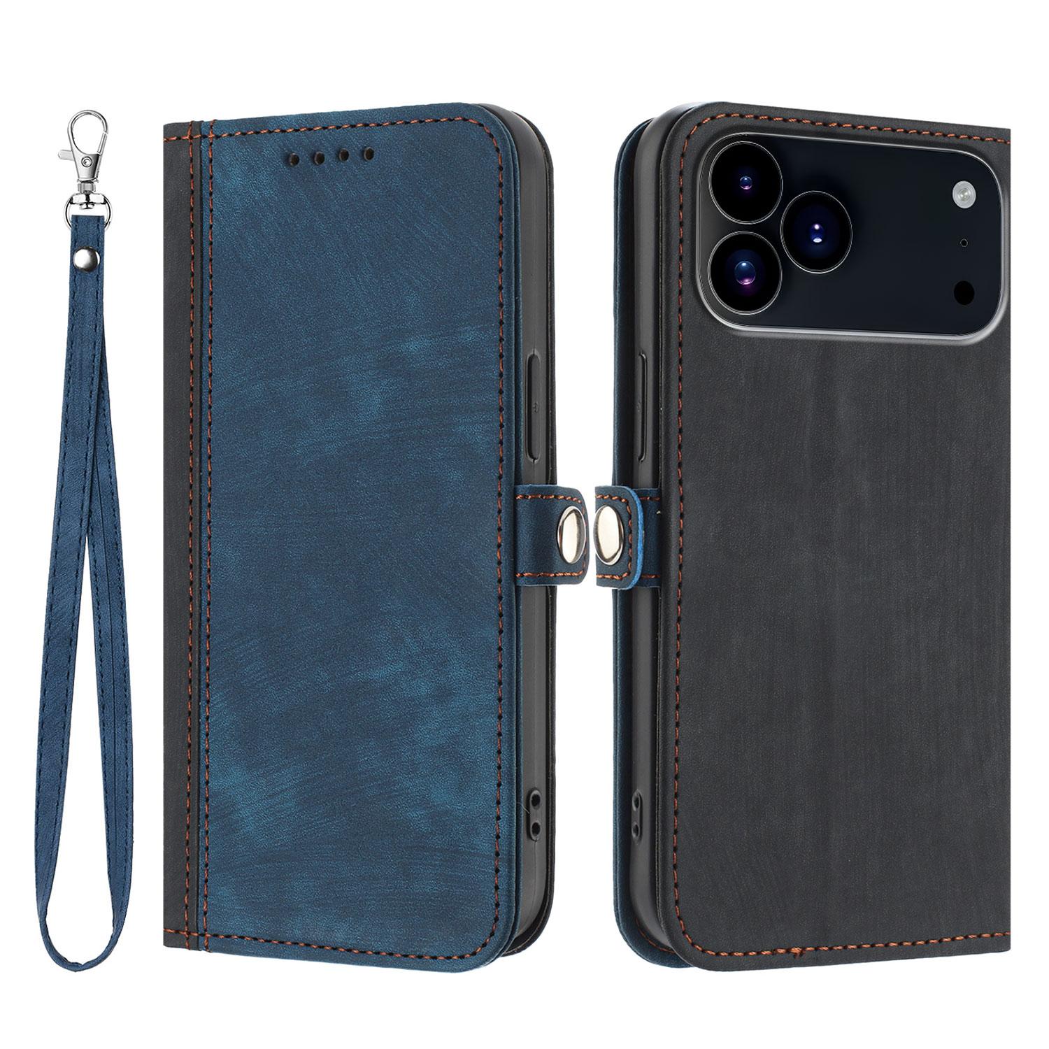 

For iPhone 17 Pro Max PU Leather Case with Strap Phone Cover Stand Side Magnetic Button Design Black Royal Blue