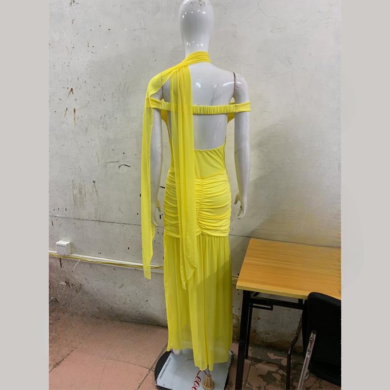 European and American summer sexy V-neck see through backless temperament slit dress