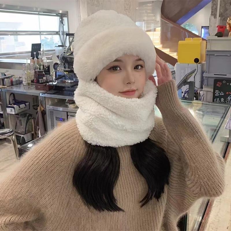 Hat women's scarf integrated new autumn and winter windproof cycling warm plush hat pullover hat high top cold hat