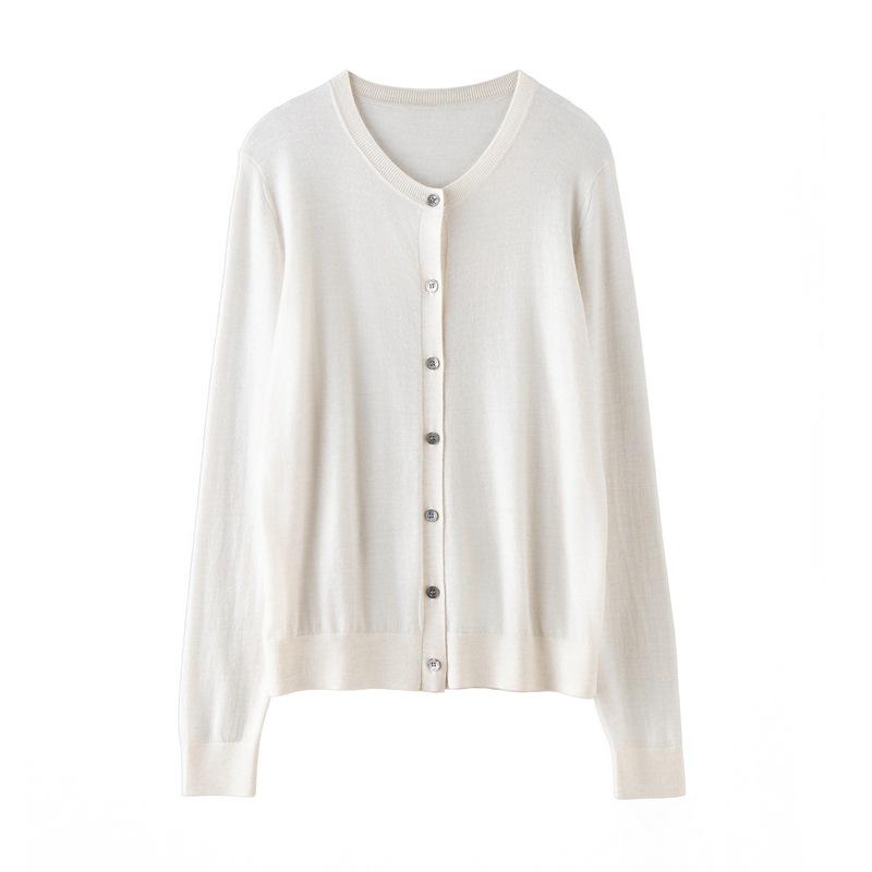 Women's Round Neck 100% Wool Knit Cardigan Sweater - Single-Breasted, Thin German Yangzi Yarn Design