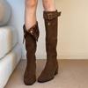 Stylish personality niche knight boots autumn and winter new two-wear belt buckle leopard print suede square head thick heel boots