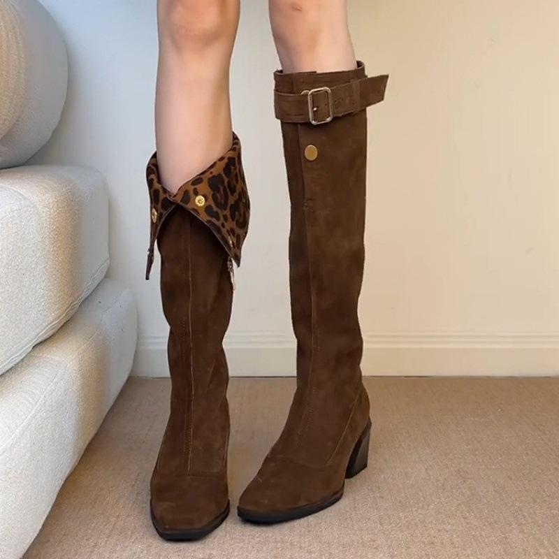 Stylish personality niche knight boots autumn and winter new two-wear belt buckle leopard print suede square head thick heel boots