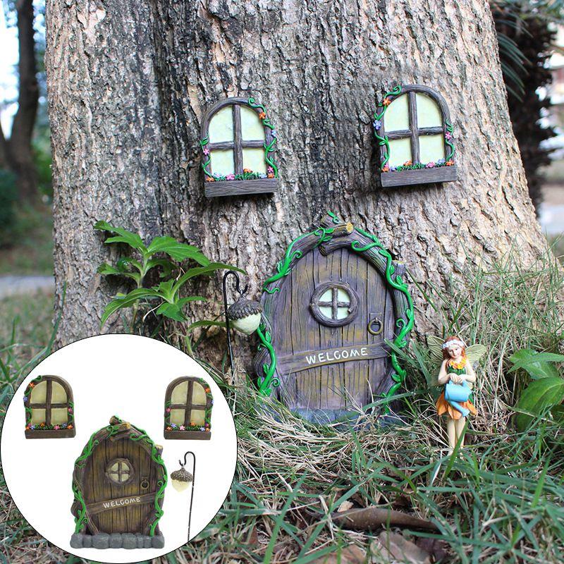 Miniature Fairy 4pcs Tree Door Window Door Glow Gnome Elf Home Sculpture Statues