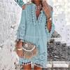 Vestido Bohemio de Moda para Mujer con Mangas de Tres Cuartos, Encaje, Borlas, Cuello en V