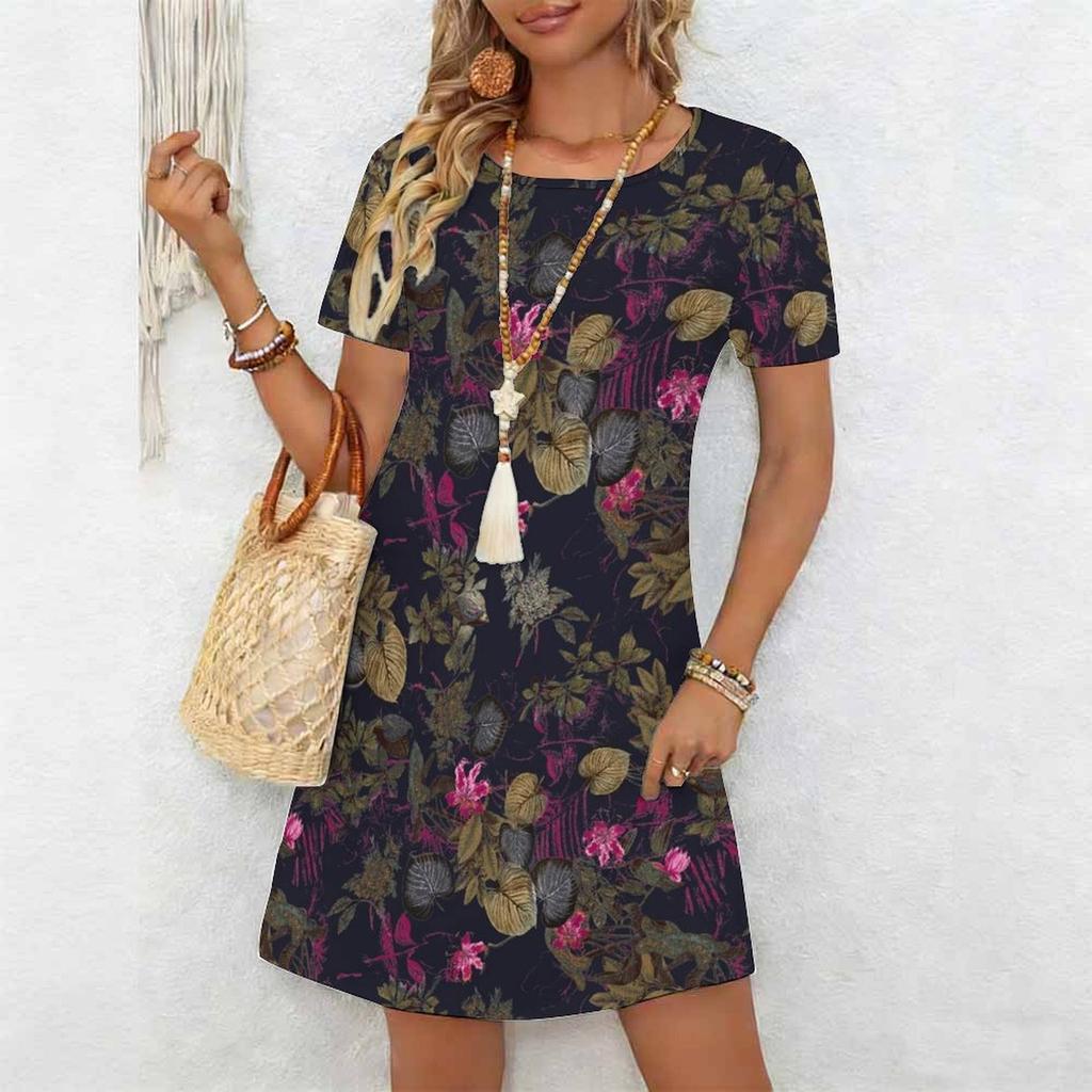 Women's Fashion Graceful Beautiful Maple Leaves and Flowers Colorful Flowers and Small Grass Print Summer Spring Short Sleeve O-Neck Casual Dresses