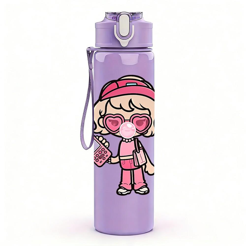 1PC Mask Girl Holding Bag 750ml Color Plastic Sports Water Bottle Leakproof Flip Straw Lid Suitable for Sports Office Home Use
