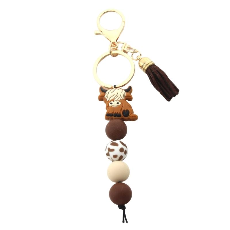 Highland Cow Keychain with Tassels and Silicone Beads Animal Keyring Fashionable Key Holder Pendant for Women and Men