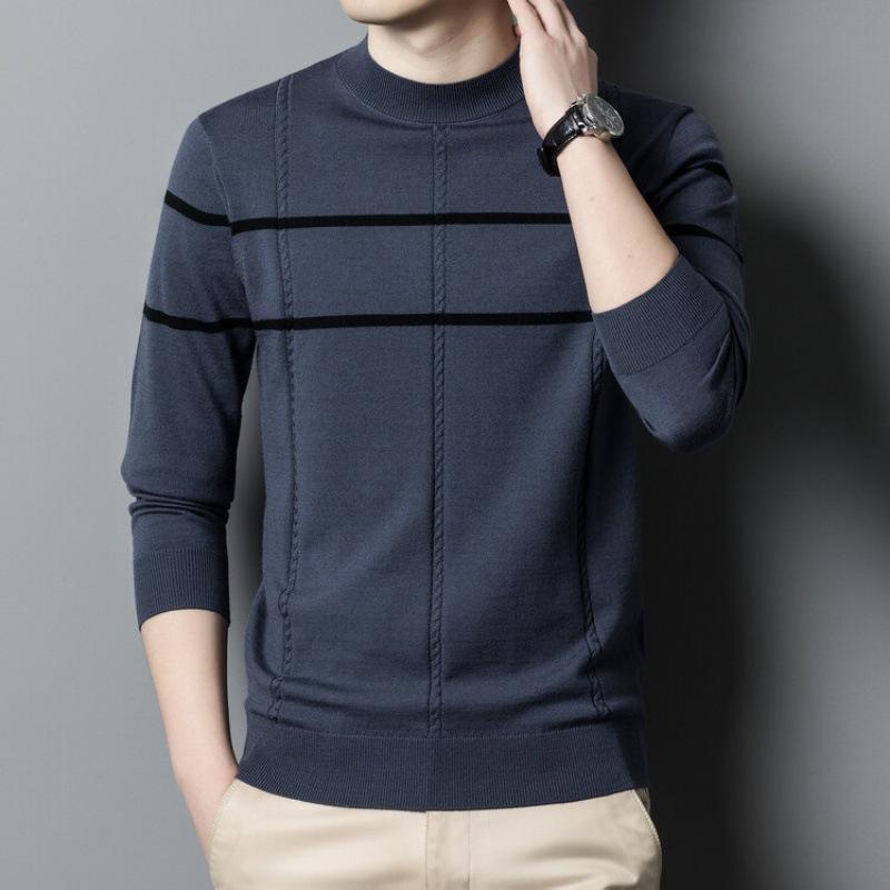 Neuer Wollpullover für Herren aus reiner Wolle, langärmelig, halbhoher Kragen, gestreifter Pullover mit Bodenbildung, Pullover mit Kammgarnmuster, Flut