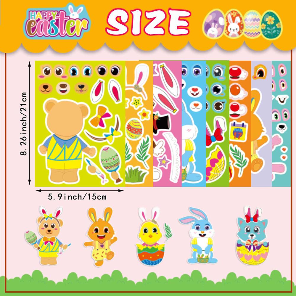 8/16sheets Easter Rabbit Egg Puzzle Stickers Cute Make a Face Animals Cartoon Decals Jigsaw Toys Educational Toys Gifts