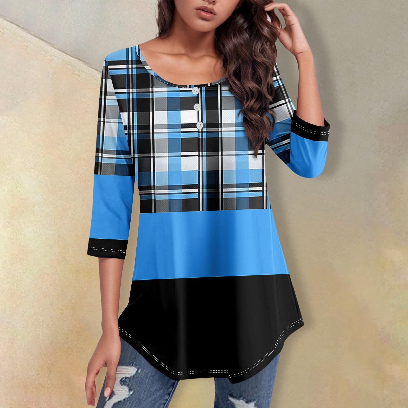 

Рубашки с рукавом 3/4 для женщин с принтом, повседневная футболка на пуговицах с круглым вырезом и верхом с изогнутым краем XL синий