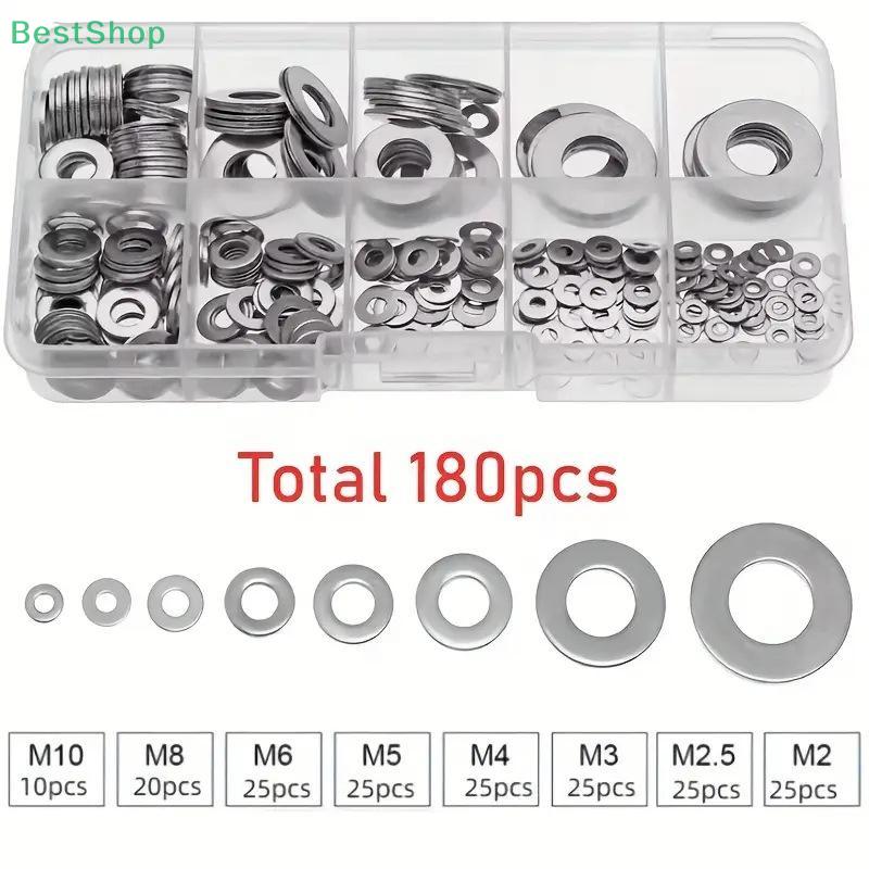 180 Stück Schraubenscheiben, Metall-Flachscheiben-Sortiment, M2 M2.5 M3 M4 M5 M6 M8 M10 M12 Flachring-Dichtungsringe