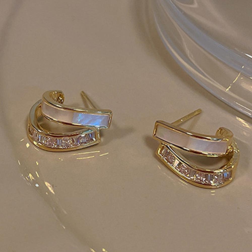 Double Line Shell Pearl Earrings – Gold Tone, From Korea
