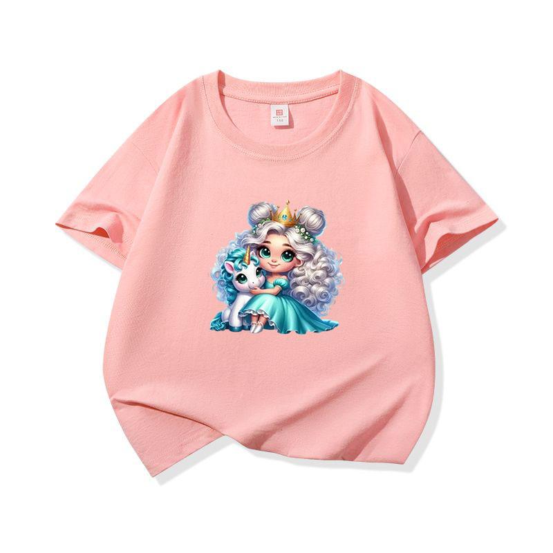 Kids Cotton T Shirt Princess Girl With Blue Unicorn Print Crew Neck Short Sleeve Tee Casual Boys Girls Summer Tops