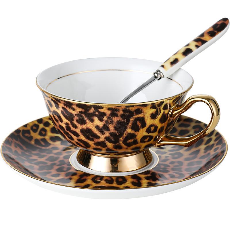 Leopard Pattern Bone Control Porcelain Premium Coffee Cup European Small Luxury Afternoon Tea Cup Set Ceramic Cup and Plate
