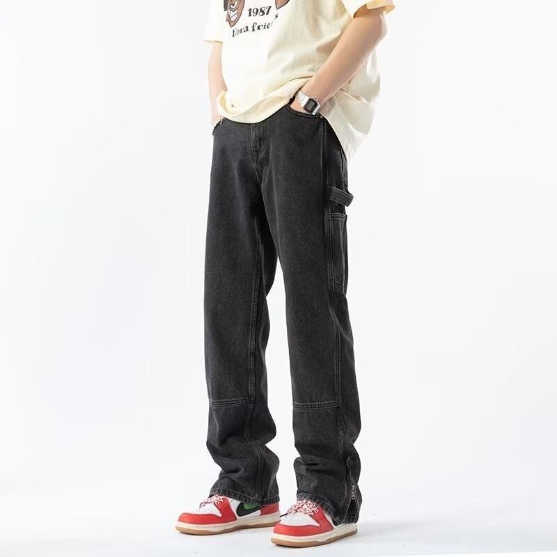 Micro-pull Jeans Men's New Washed Old American Retro Zipper Pants Trendy Brand Straight Floor-mopping Trousers