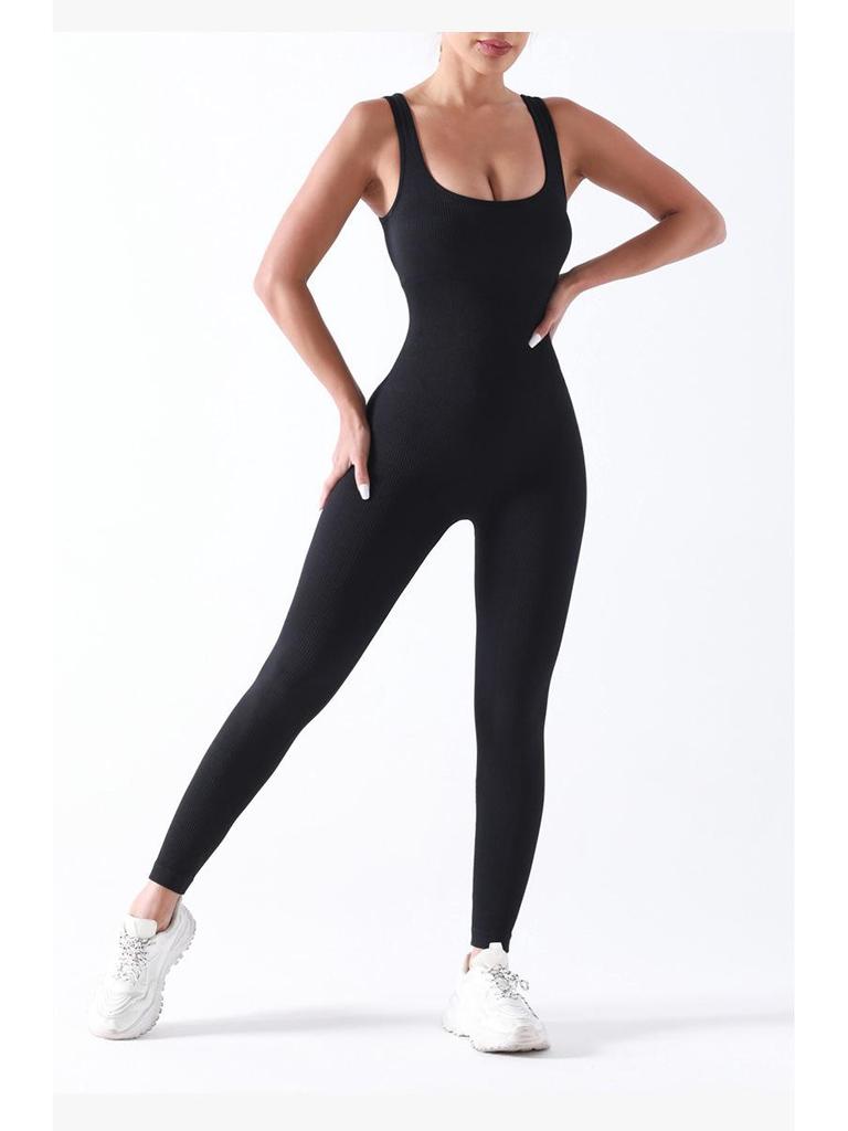 Seamless Ribbed Knit Jumpsuit with Chest Pad for Yoga and Fitness