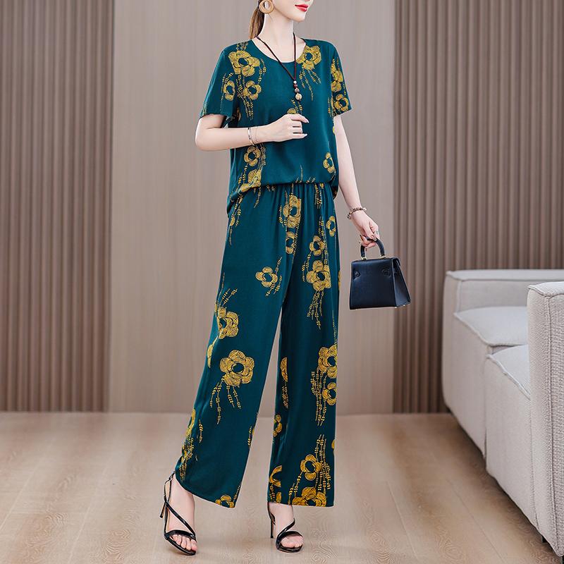 Summer Sets for Women 2 Pieces Plus Size Loose Elegant High Waist Pants Sets Vintage Middle Aged Women's Clothing